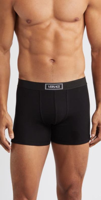 Versace Versace '90s Logo Cotton Rib Trunks in Black at Nordstrom, Size 4
