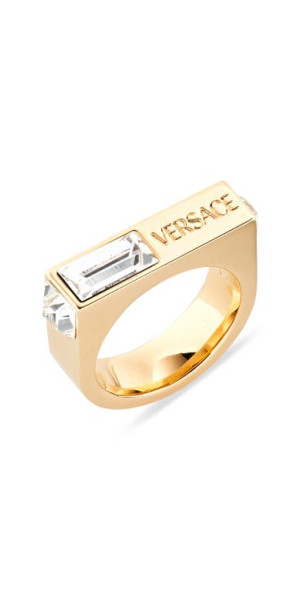 Versace - Men's Engraved Logo Crystal Ring in Gold Crystal at