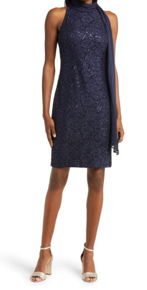 Vince Camuto - Drape Neck Sequin Lace Cocktail Dress in Navy at Nordstrom
