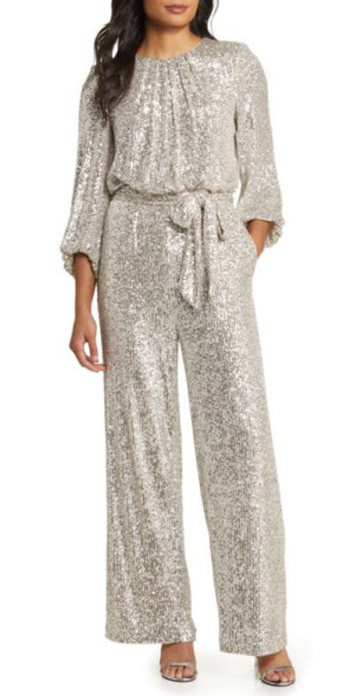 Vince Camuto Sequin Long Sleeve Jumpsuit in Silver at Nordstrom