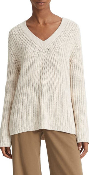 Vince Shaker Stitch V-Neck Sweater in Light White Sand