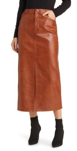 WAYF WAYF Roberta Croc Embossed Faux Leather Midi Skirt in Brown at Nordstrom, Size Medium