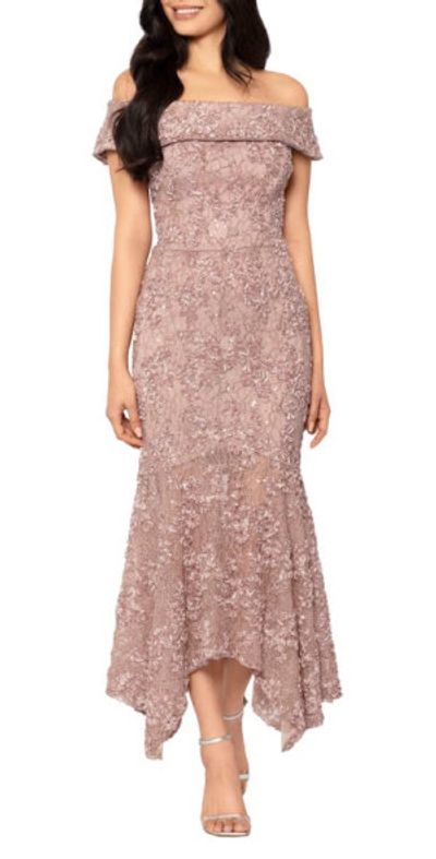 Xscape Embroidered Off the Shoulder Midi Cocktail Dress in Taupe