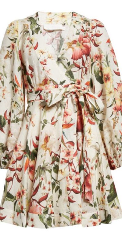 knee length dresses for ladies Zimmermann Fiesta Paisley-print Linen Wrap Mini Dress main image 1