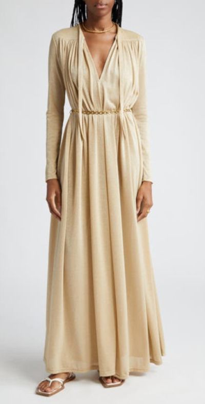 gold metallic dress long sleeve GLS GL3817 Fitted Long Prom Corset Beaded Sequin Dress main image 1