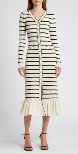 ZOE AND CLAIRE - Stripe Ruffle Trim Long Sleeve Sweater Dress in