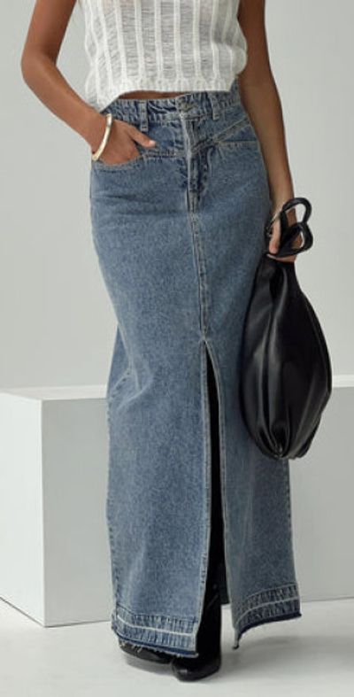Princess Polly Deneuve Denim Maxi Skirt Mid Wash