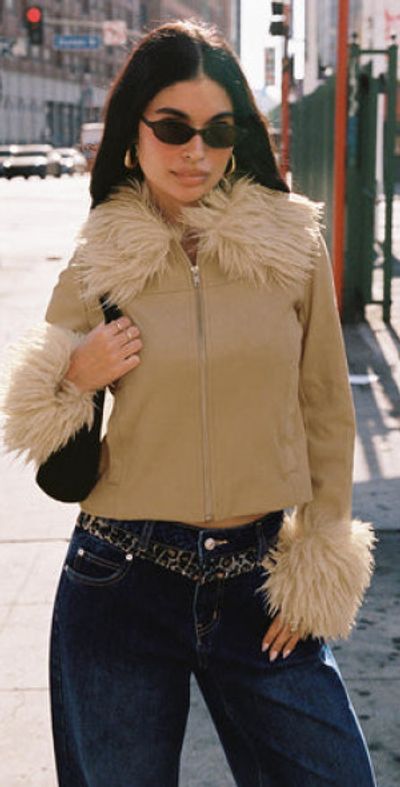 Princess Polly Jeanna Suede Faux Fur Detail Jacket Beige