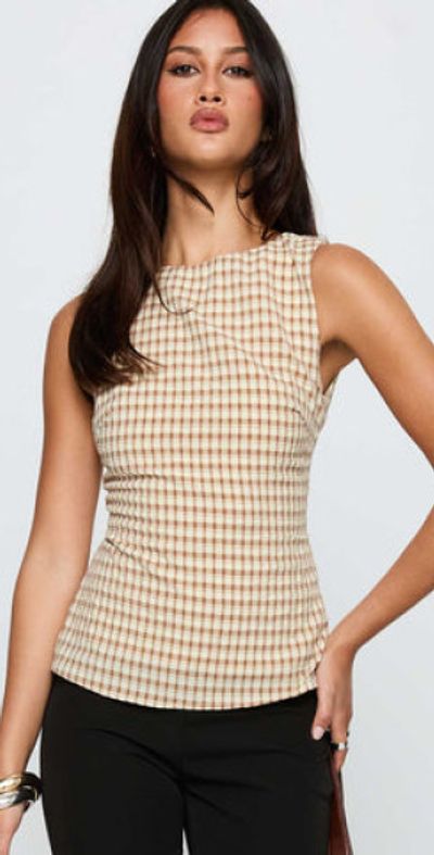 princess polly brown gingham dress Princess Polly Gingham Sleeveless Cotton Tiered Minidress - Brown Gingham