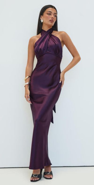 open lace back dress Odyssa Halter Maxi Dress Purple