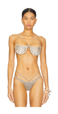 【ISA BOULDER】spiral-weave woven satin-trimmed swimsuit ISA BOULDER Spiral-Weave woven underwired bikini top | THE