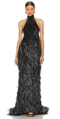 LAQUAN SMITH MOCK NECK SEQUIN OPEN BACK COLUMN GOWN