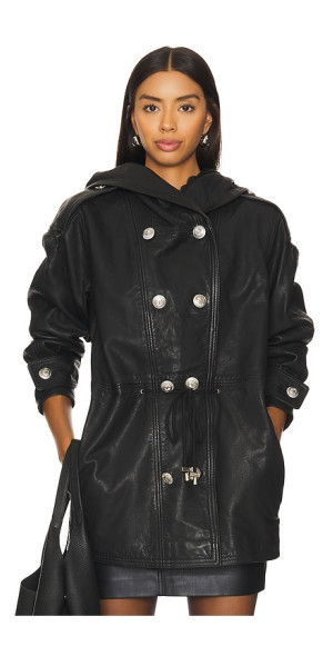 RETROFETE Size L Black White Silver Leather Padded Shoulders Zip Up Jacket main image 1