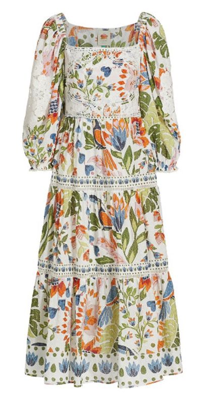 knee length dresses for ladies Yellow Embroidered Garden Tapestry Midi Dress  FARM Rio