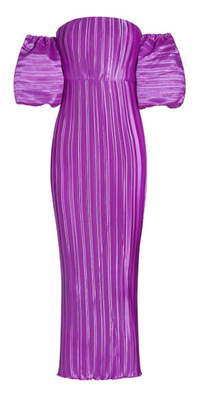 l'ide sirene off-shoulder puff-sleeve pleated midi column dress L'IDE