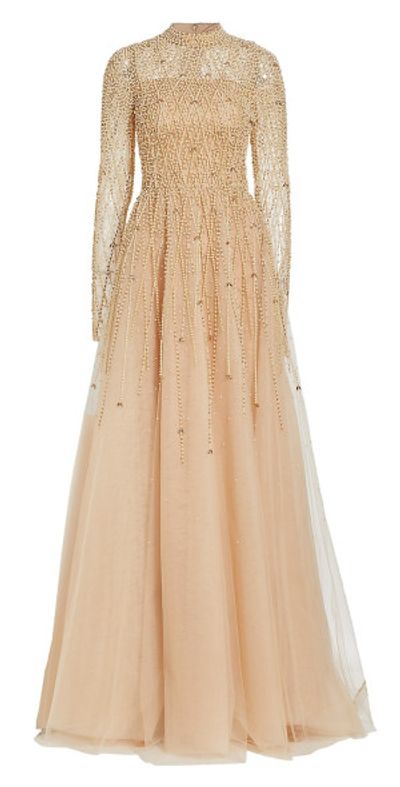 a line long evening dresses Bead Sequin Mesh A-line Long Dress Side Cape Long Sleeves GLGL3494