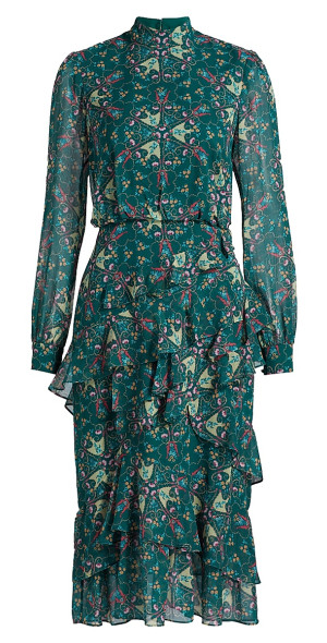 【SALONI】isa ruffled プリント silk-ette ミディ ドレス Saloni Isa Mock-Neck Floral-Print Silk Midi Dress | Neiman