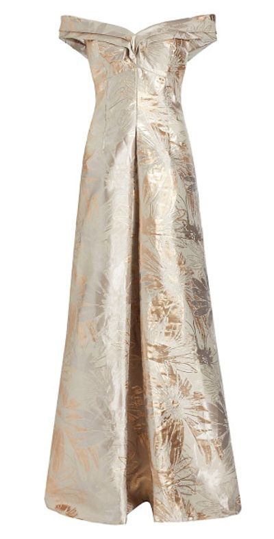 teri jon gold dress Metallic Jacquard Portrait Collar Side Drape Gown main image 1