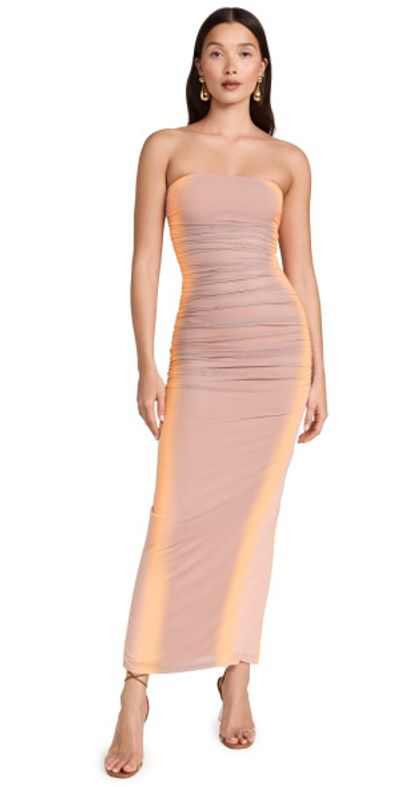 strapless open back dress EVANGELINE STRONG SHOULDER RUCHED MIDI DRESS