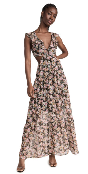 ASTR the Label - Maxi Floral Cutout Dress Black Multi Floral L