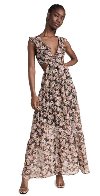 ASTR the Label Maxi Floral Cutout Dress Black Multi Floral L