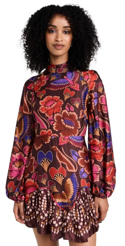 FARM Rio Bright Flora Brown Long Sleeve Mini Dress BRIGHT FLORA