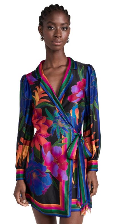 FARM Rio - Flower Season Black Scarf Black Wrap Mini Dress FLOWER SEASON  BLACK SCARF XS