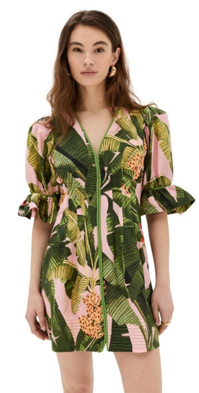 FARM Rio Pink Banana Leaves V Neck Mini Dress Banana Leaves Pink XL