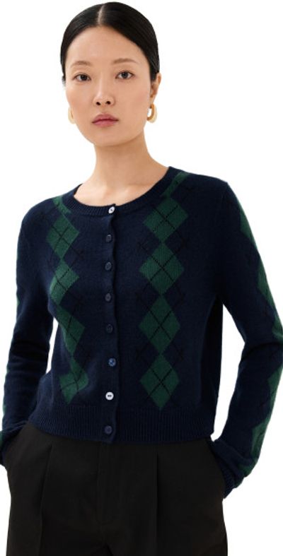 Reformation Clara Cashmere Crew Cardigan Navy Multi Argyle M