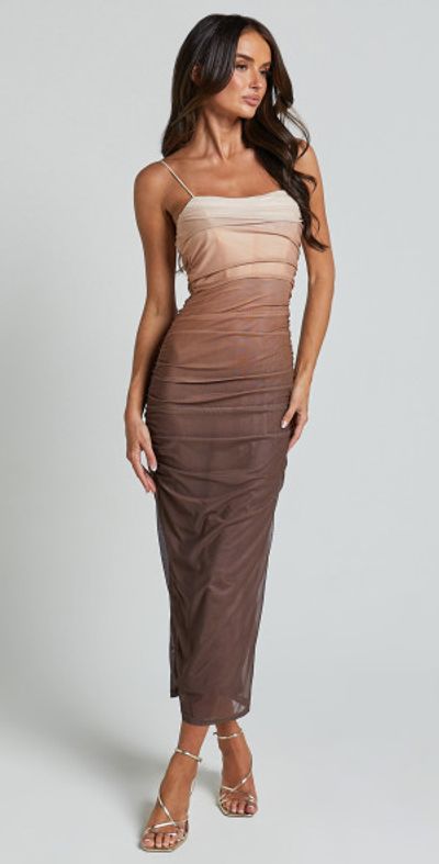 Showpo - Aldine Midi Dress - Ombre Mesh Bodycon Dress in Chocolate