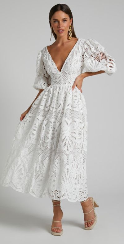 Showpo - Anieshaya Midi Dress - V Neck Cut Out Lace Dress in White
