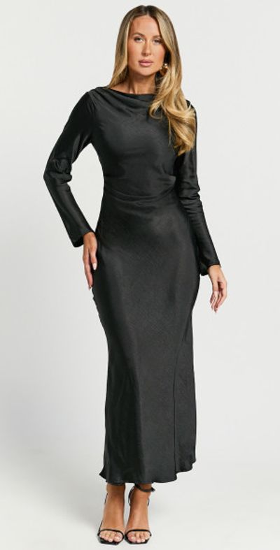 Showpo - Arriana Midi Dress - Long Sleeve Cowl Back Satin Dress in Black Showpo - Arriana Midi Dress - Long Sleeve Cowl Back Satin Dress in Black