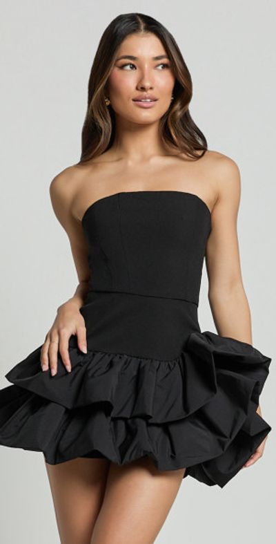 Showpo - Beatrice Mini Dress - Contrast Strapless Ruffle Tiered Dress in  Black