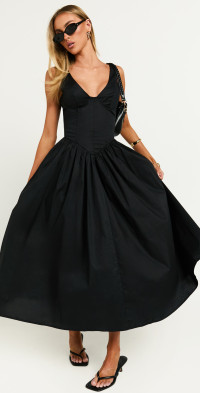 Beckett Midi Dress Scoop Neck Drop V Waist Gathered Skirt Dress in Black