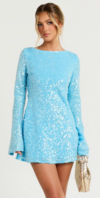 Showpo - Bertina Mini Dress - Sequin Scoop Neck Low Back Dress in Blue