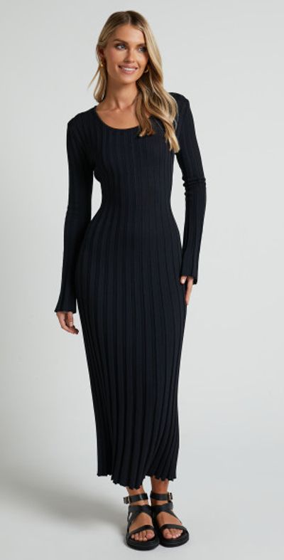 Showpo - Blaire Midi Dress - Long Sleeve Tie Back Flare Dress in Black Showpo - Blaire Midi Dress - Long Sleeve Tie Back Flare Dress in Black