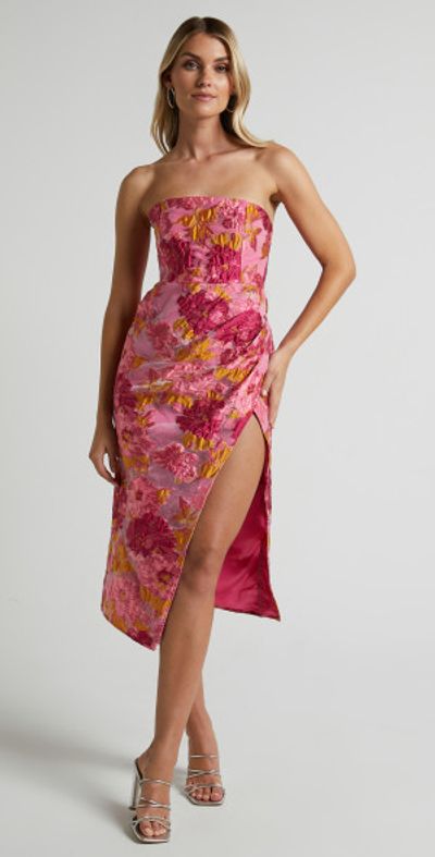 Showpo - Brailey Midi Dress - Thigh Split Strapless Dress in Pink Jacquard