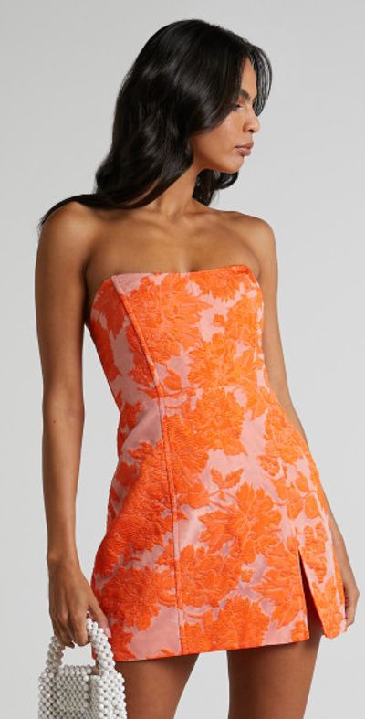 Showpo - Brailey Mini Dress - Strapless Dress in Orange Jacquard