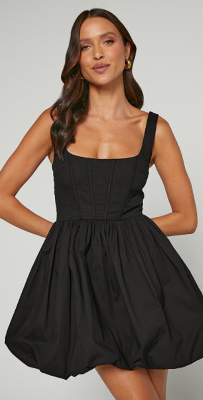 black mini dress showpo Bow-Detail Ruched Bubble Hem Mini Dress in Black - 4 main image 0