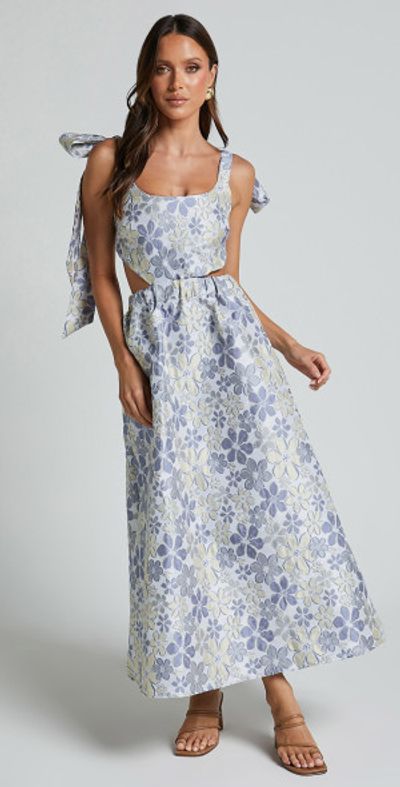 Showpo - Briella Midi Dress - Adjustable Strap Side Cut Out A Line Dress in  Blue