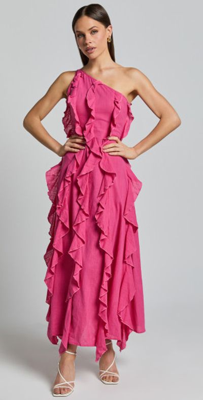 open lace back dress Pink Floral One Shoulder Frill Detail Dipped Hem Dress – AX Paris US main image 1