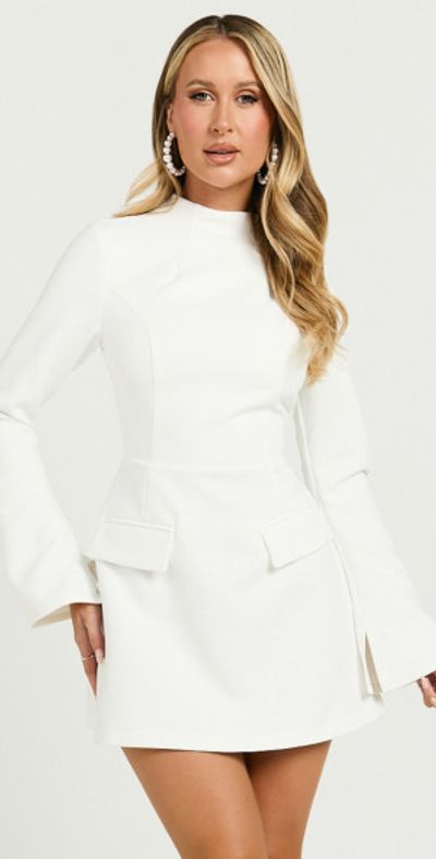 Showpo - Carlson Mini Dress - High Neck Sleeve Cocoon Skirt Dress in White