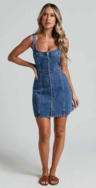 Showpo Chrysoula Mini Dress Square Neck Zip Front Sleeveless