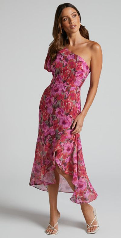 Showpo - Clabelle Midi Dress - One Shoulder Ruffle Tulip Hem Dress in  Violette Blur Floral