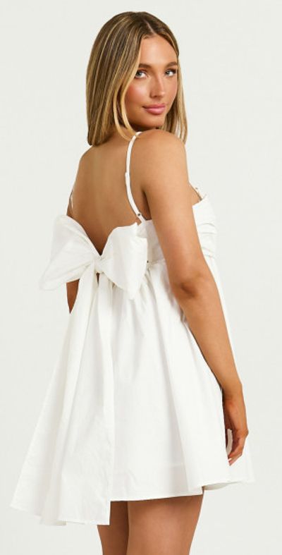 Showpo - Clover Mini Dress - Back Bow Babydoll Dress in White Showpo - Clover Mini Dress - Back Bow Babydoll Dress in White