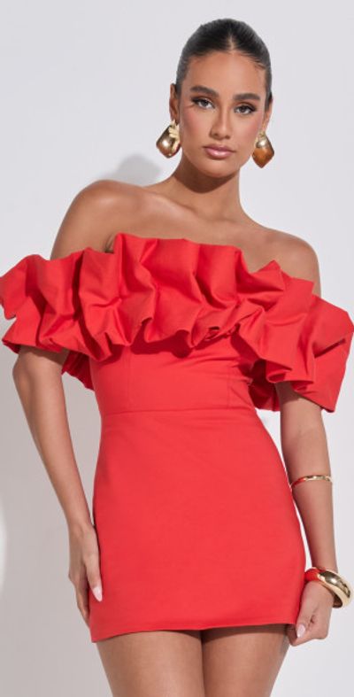 Showpo Coraline Mini Dress Ruffle Off Shoulder Fitted Dress in Red
