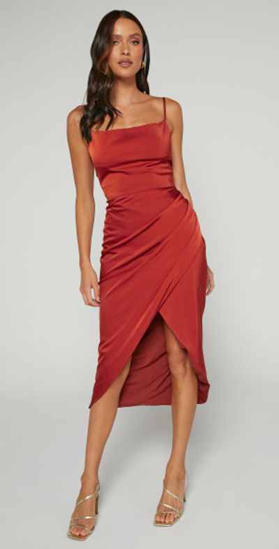 Showpo - Dazzling Lights Midi Dress - Cowl Neck Draped Dress in Copper Satin