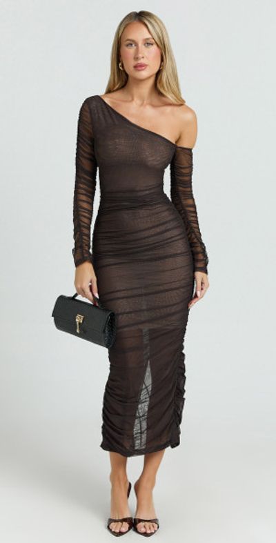 Showpo - Ellen Midi Dress - Asymmetric Mesh Ruched Bodycon Dress in Brown Showpo - Ellen Midi Dress - Asymmetric Mesh Ruched Bodycon Dress in Brown