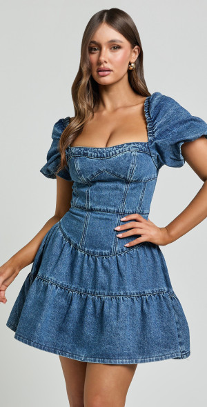 Showpo - Gia Mini Dress - Short Puff Sleeve Tiered Denim Dress in