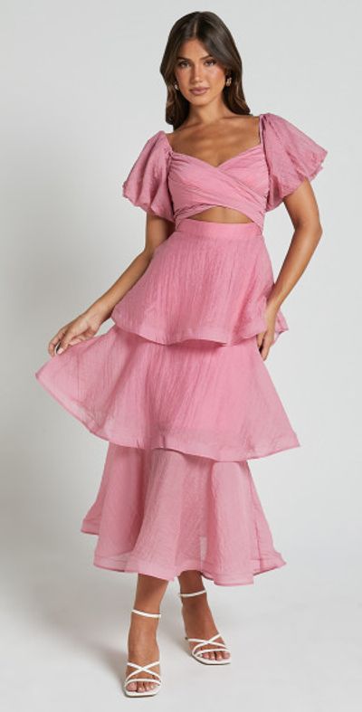 Showpo - Giselle Midi Dress - Short Puff Sleeve Front Cut Out Layered Dress  in Pink